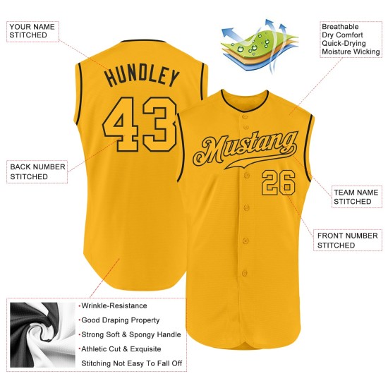 Authentisches Gold-Schwarzes Baseball-Trikot, ärmellos, goldfarben Authentisches Gold-Schwarzes Baseball-Trikot, ärmellos, goldfarben