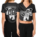 Kurzes Damen Baseball Astronaut V-Ausschnitt Schwarz Schwarz-Weiß Custom 3D Jersey