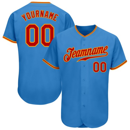 Benutzerdefiniertes blaues authentisches Baseballtrikot Puderrot-Gold Benutzerdefiniertes blaues authentisches Baseballtrikot Puderrot-Gold