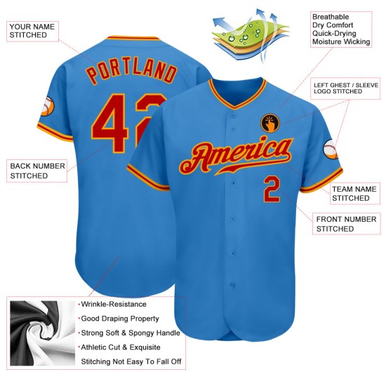 Benutzerdefiniertes blaues authentisches Baseballtrikot Puderrot-Gold Benutzerdefiniertes blaues authentisches Baseballtrikot Puderrot-Gold