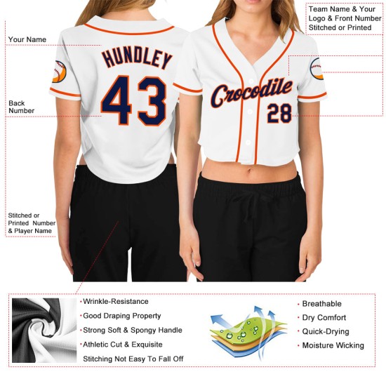 Kurzes Damen Baseball Navy-Orange Weiß Custom Jersey V-Ausschnitt