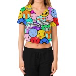 Damen Cropped Weiß-Schwarz V-Ausschnitt 3D Jersey Custom Baseball Bunte Emoji