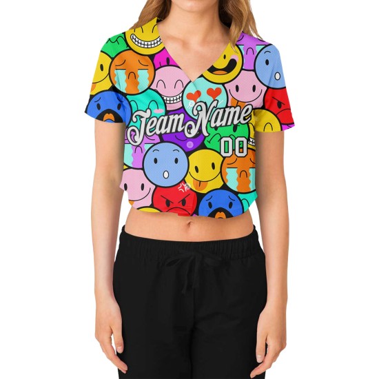 Damen Cropped Weiß-Schwarz V-Ausschnitt 3D Jersey Custom Baseball Bunte Emoji