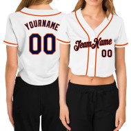 Kurzes Damen Baseball Navy-Orange Weiß Custom Jersey V-Ausschnitt