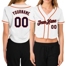 Kurzes Damen Baseball Navy-Orange Weiß Custom Jersey V-Ausschnitt