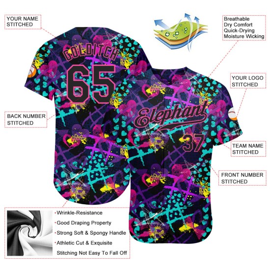 Schwarz-Rosa Custom Stars Baseball Authentisches Muster 3D Jersey Geometrische Kreative Figuren Herzen