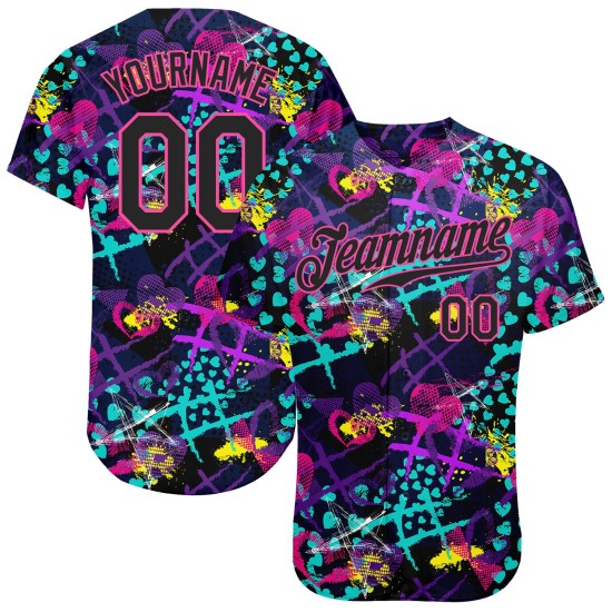 Schwarz-Rosa Custom Stars Baseball Authentisches Muster 3D Jersey Geometrische Kreative Figuren Herzen