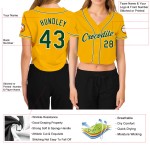 Gold Grün-Weiß Cropped Damen Custom Baseball Jersey V-Ausschnitt