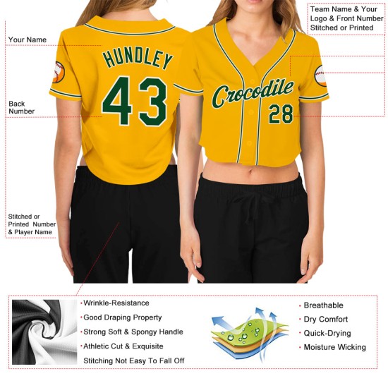Gold Grün-Weiß Cropped Damen Custom Baseball Jersey V-Ausschnitt