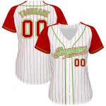 Authentisches Baseball-Nadelstreifen-Raglan-Custom-Trikot Rot-Neonweiße Ärmel Rot