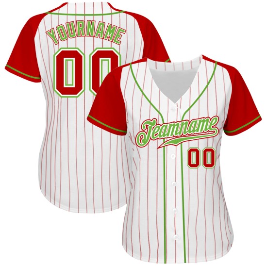 Authentisches Baseball-Nadelstreifen-Raglan-Custom-Trikot Rot-Neonweiße Ärmel Rot