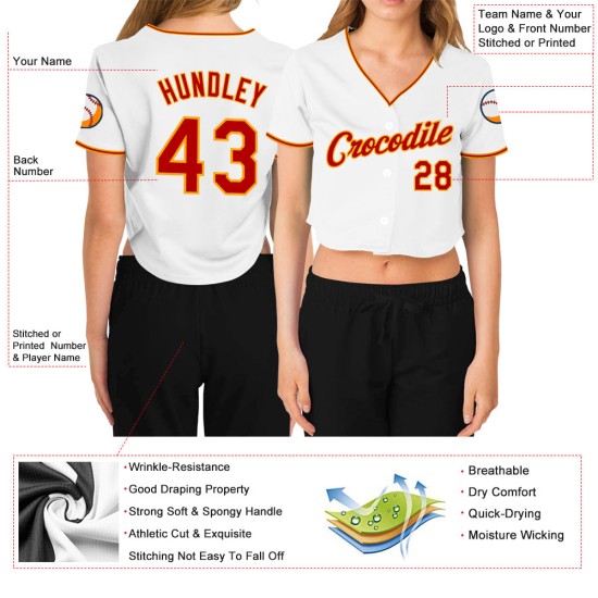 V-Ausschnitt Rot-Gold Cropped Damen Custom Baseball Jersey Weiß V-Ausschnitt Rot-Gold Cropped Damen Custom Baseball Jersey Weiß