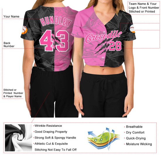3D Damen Muster Cropped Graffiti V-Ausschnitt Jersey Baseball Scratch Pink-Weiß Custom