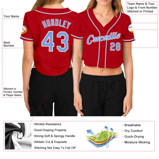 Beschnitten Blau-Weiß V-Ausschnitt Rot Custom Jersey Damen Baseball Licht