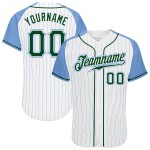Jersey Blau Custom Baseball Blau Authentic Hellgrün-Hellweiß Raglan-Nadelstreifenärmel Jersey Blau Custom Baseball Blau Authentic Hellgrün-Hellweiß Raglan-Nadelstreifenärmel