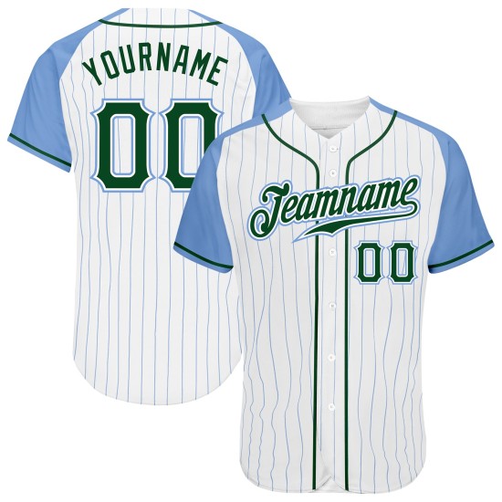 Jersey Blau Custom Baseball Blau Authentic Hellgrün-Hellweiß Raglan-Nadelstreifenärmel Jersey Blau Custom Baseball Blau Authentic Hellgrün-Hellweiß Raglan-Nadelstreifenärmel