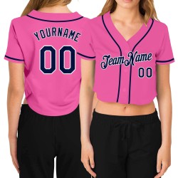 Baseball Jersey Rosa Damen Marine-Weiß Custom Cropped V-Ausschnitt