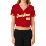 Beschnittenes weiß-goldenes rotes Baseball-Trikot für Damen mit V-Ausschnitt Beschnittenes weiß-goldenes rotes Baseball-Trikot für Damen mit V-Ausschnitt