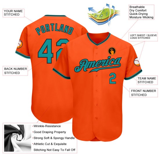 Benutzerdefiniertes Teal-Schwarzes Baseballtrikot Orange Authentic