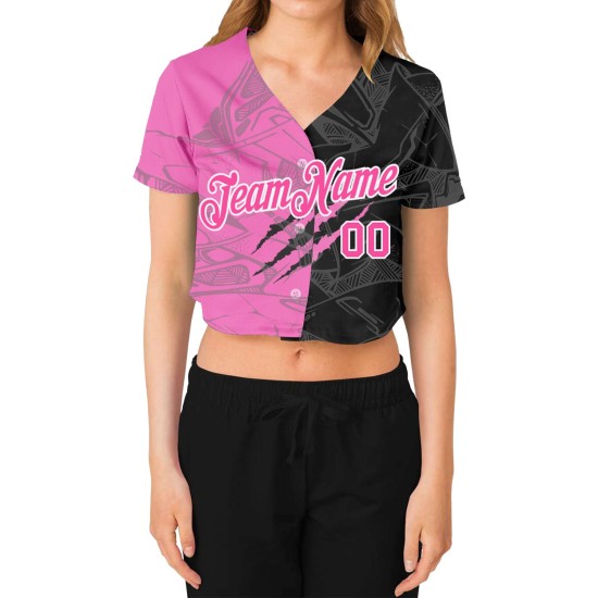 3D Damen Muster Cropped Graffiti V-Ausschnitt Jersey Baseball Scratch Pink-Weiß Custom