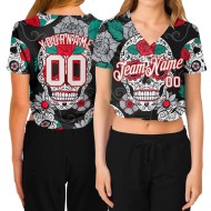 Cropped V-Ausschnitt Muster Baseball 3D Jersey Custom Damen Graffiti Weiß-Rot Fashion Skull