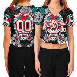 Cropped V-Ausschnitt Muster Baseball 3D Jersey Custom Damen Graffiti Weiß-Rot Fashion Skull