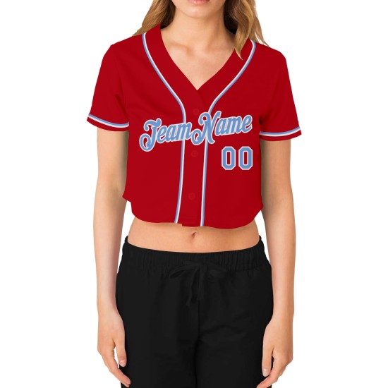 Beschnitten Blau-Weiß V-Ausschnitt Rot Custom Jersey Damen Baseball Licht
