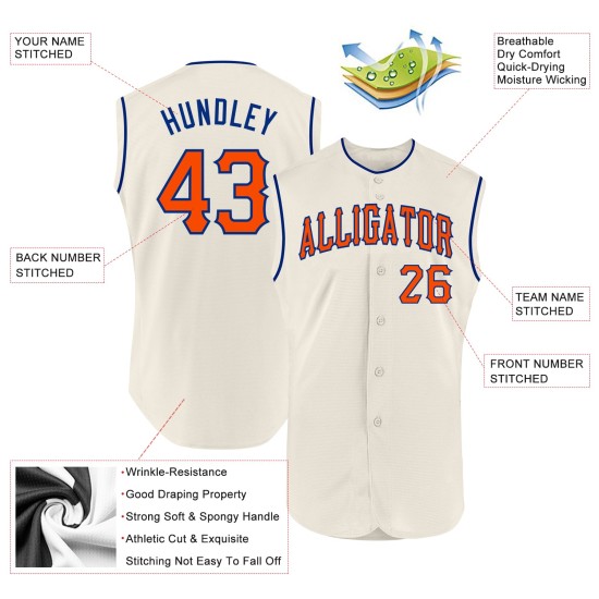 Benutzerdefiniertes ärmelloses Baseball-Trikot in Creme, authentisches Orange-Royal Benutzerdefiniertes ärmelloses Baseball-Trikot in Creme, authentisches Orange-Royal
