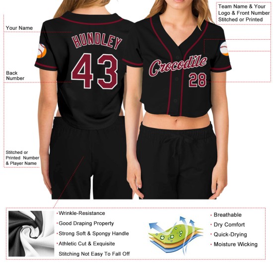 Damen Cropped Custom Schwarz Jersey V-Ausschnitt Crimson-White Baseball