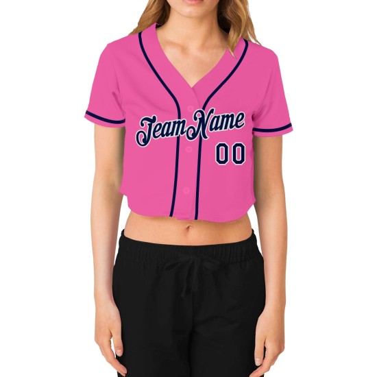 Baseball Jersey Rosa Damen Marine-Weiß Custom Cropped V-Ausschnitt