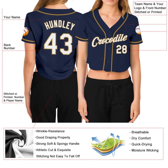 Beschnittenes Gold Custom Weiß-Old Baseball Navy Damen V-Ausschnitt Jersey Beschnittenes Gold Custom Weiß-Old Baseball Navy Damen V-Ausschnitt Jersey
