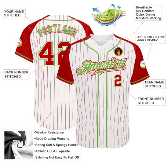 Authentisches Baseball-Nadelstreifen-Raglan-Custom-Trikot Rot-Neonweiße Ärmel Rot