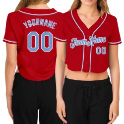 Beschnitten Blau-Weiß V-Ausschnitt Rot Custom Jersey Damen Baseball Licht