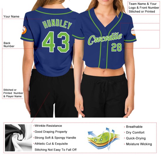 Neon Royal Damen Baseball Cropped Grün-Weiß V-Ausschnitt Custom Jersey