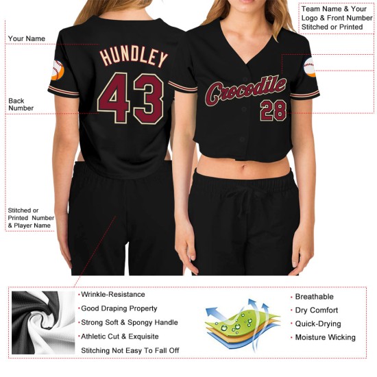 V-Ausschnitt Cropped Baseball Schwarz Creme Damen Crimson-City Custom Jersey