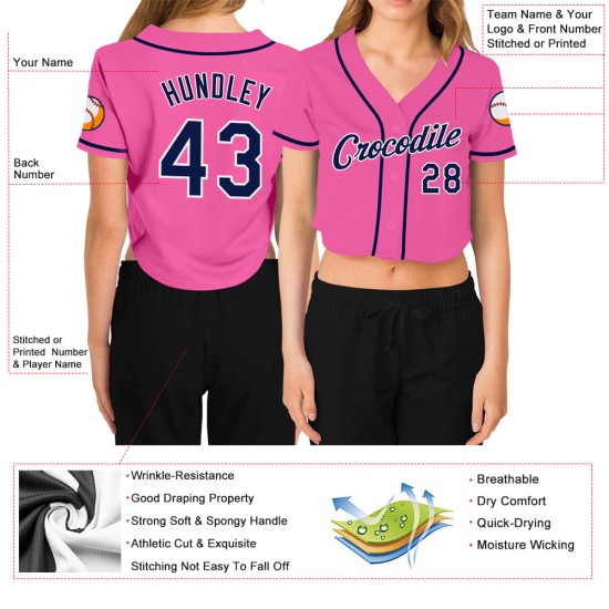 Baseball Jersey Rosa Damen Marine-Weiß Custom Cropped V-Ausschnitt