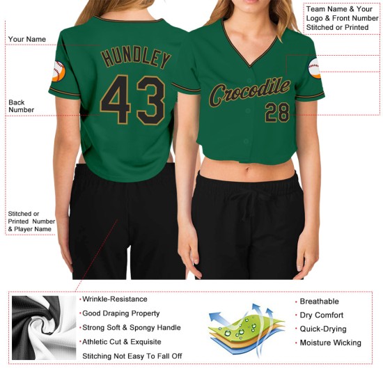 Grün Gold Damen Cropped Jersey Custom Baseball V-Ausschnitt Schwarz-Old Kelly