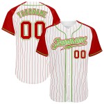 Authentisches Baseball-Nadelstreifen-Raglan-Custom-Trikot Rot-Neonweiße Ärmel Rot