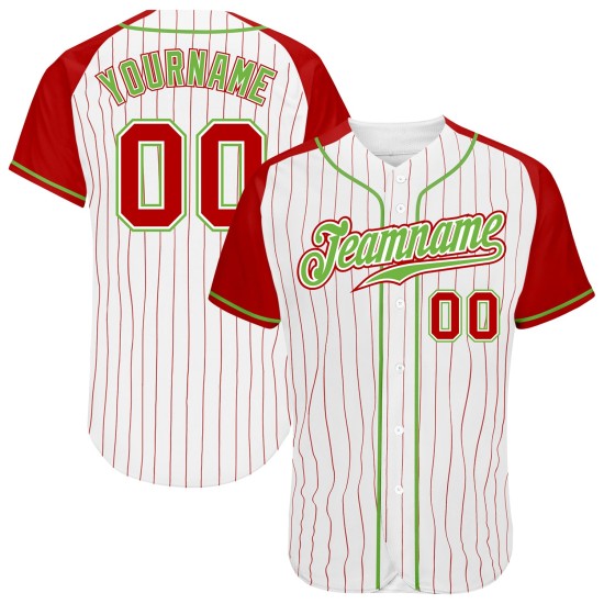 Authentisches Baseball-Nadelstreifen-Raglan-Custom-Trikot Rot-Neonweiße Ärmel Rot