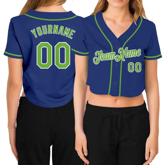 Neon Royal Damen Baseball Cropped Grün-Weiß V-Ausschnitt Custom Jersey