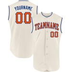Benutzerdefiniertes ärmelloses Baseball-Trikot in Creme, authentisches Orange-Royal Benutzerdefiniertes ärmelloses Baseball-Trikot in Creme, authentisches Orange-Royal