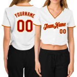 V-Ausschnitt Rot-Gold Cropped Damen Custom Baseball Jersey Weiß V-Ausschnitt Rot-Gold Cropped Damen Custom Baseball Jersey Weiß