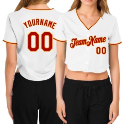 V-Ausschnitt Rot-Gold Cropped Damen Custom Baseball Jersey Weiß