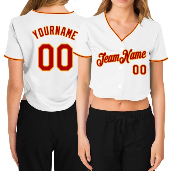 V-Ausschnitt Rot-Gold Cropped Damen Custom Baseball Jersey Weiß V-Ausschnitt Rot-Gold Cropped Damen Custom Baseball Jersey Weiß