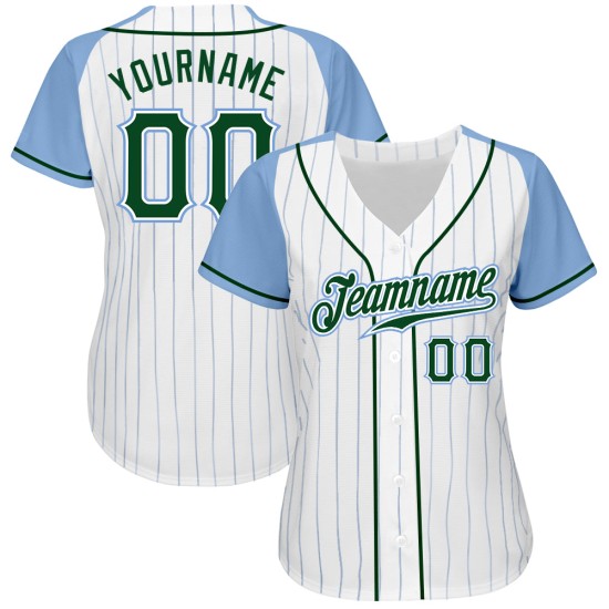 Jersey Blau Custom Baseball Blau Authentic Hellgrün-Hellweiß Raglan-Nadelstreifenärmel Jersey Blau Custom Baseball Blau Authentic Hellgrün-Hellweiß Raglan-Nadelstreifenärmel