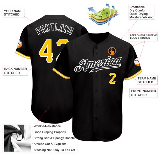 Benutzerdefiniertes schwarzes Baseball-Trikot in Gold-Weiß