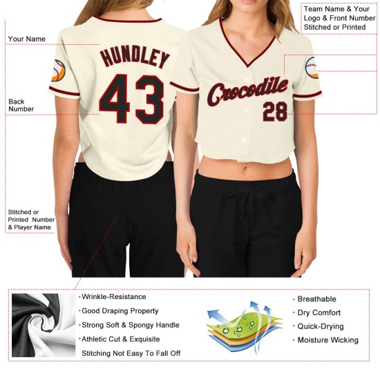 Schwarz-Rot Jersey Damen V-Ausschnitt Baseball Creme Custom Cropped