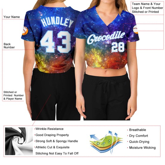 Galactic Custom White-Light Damen V-Ausschnitt Cropped Baseball Jersey Blau 3D
