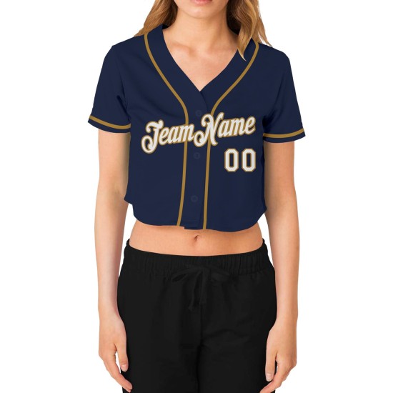 Beschnittenes Gold Custom Weiß-Old Baseball Navy Damen V-Ausschnitt Jersey Beschnittenes Gold Custom Weiß-Old Baseball Navy Damen V-Ausschnitt Jersey