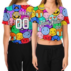Damen Cropped Weiß-Schwarz V-Ausschnitt 3D Jersey Custom Baseball Bunte Emoji